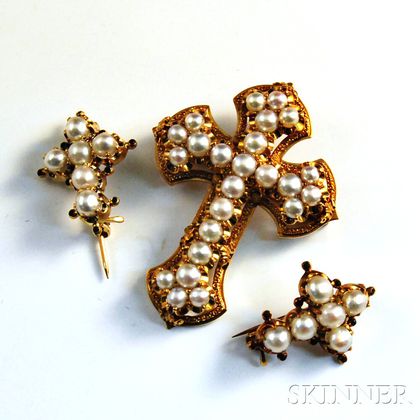 Three 18kt Gold and Pearl Cross Brooches