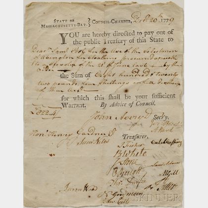 Adams, Samuel (1722-1803) Document Signed, 20 December 1779.
