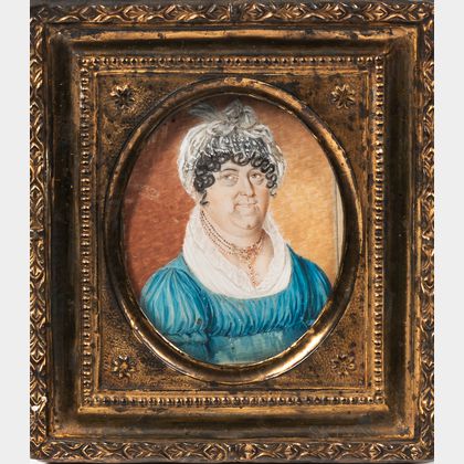 Anglo-American School, 19th Century Portrait Miniature of a Woman in a Blue Dress