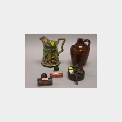 Buffalo Pottery Deldare Pitcher, a Roycroft Brown Glazed Stoneware Jug, a Pony Express Iron Padlock and Two J. P. Kennedy Horse Trans 
