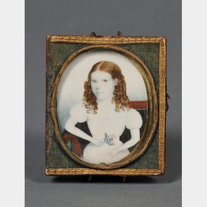 Portrait Miniature of a Girl Seated on a Federal Sofa Holding a Red Rose