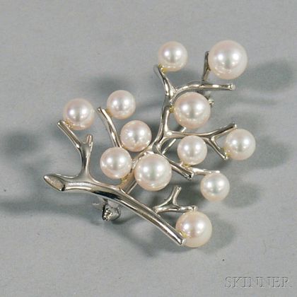 Mikimoto Sterling Silver and Cultured Pearl Branch Brooch