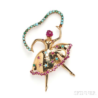 14kt Gold, Ruby, and Turquoise Ballerina Brooch