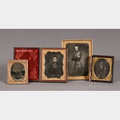 Three Daguerreotypes of Gentlemen and a Tintype of a Child with Pull-toys