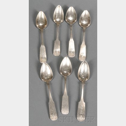 Seven Basket of Flowers Coin Silver Teaspoons