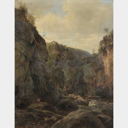 Joseph Antonio Hekking (American, 1830-1903) View of a Fisherman in a River Gorge
