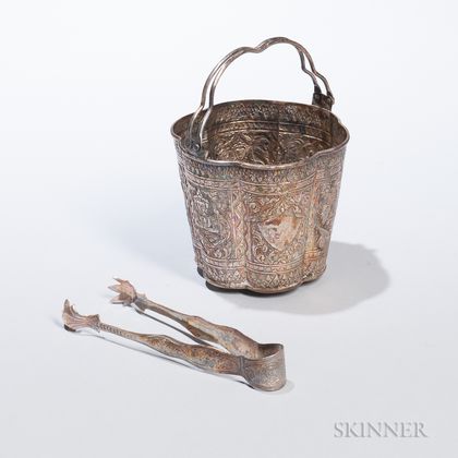 Southeast Asian Repousse Silver Bucket and Tongs