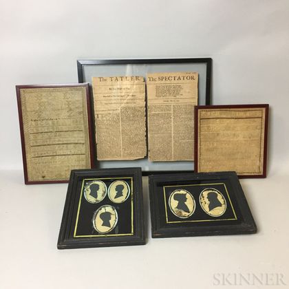 Two Framed Lord Family Silhouettes, Two Samplers, and a Newspaper