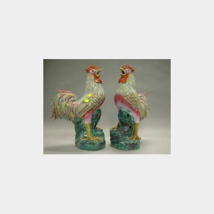Pair of Modern Chinese Porcelain Famille Rose Roosters. 