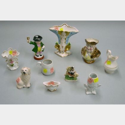 Ten Assorted Small Staffordshire and Paris Porcelain Vases, Figures, Tobys, and Table Items, and a Green Etched... 