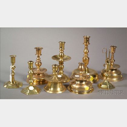 Group of Nine Continental Brass Candleholders and Accessories