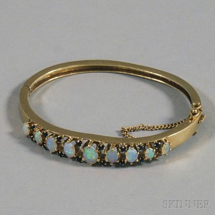14kt Gold, Opal, and Sapphire Hinged Bangle Bracelet