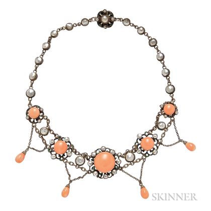 Antique Silver, Coral, and Blister Pearl Necklace