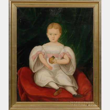 American School, 19th Century Portrait of a Child Seated on a Red Cushion Holding an Apple.