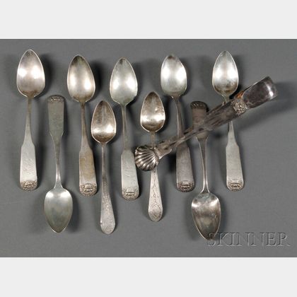 Nine Coin Silver Spoons and a Pair of Tongs