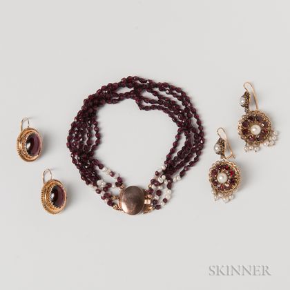 14kt Gold, Garnet, and Pearl Earrings, Multi-strand Garnet Bracelet, and Cabochon Earrings