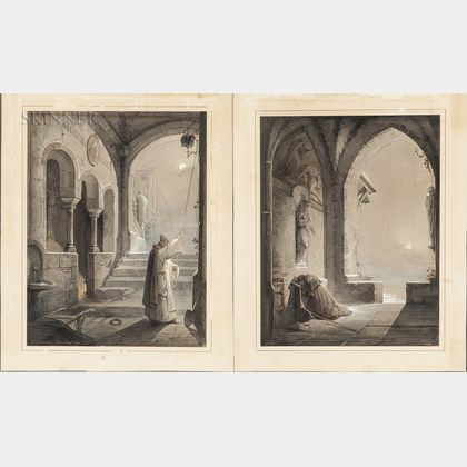 Johann Caspar Nepomuk Scheuren (German, 1810-1887) Two Unframed Ink, Watercolor, and Gouache Paintings: Monk Praying