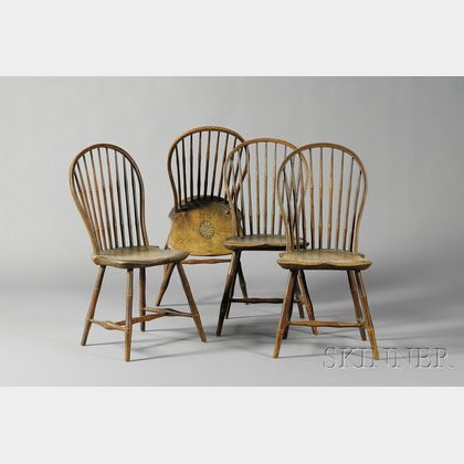 Set of Four Pine, Maple, and Hickory Painted Bow-back Windsor Side Chairs