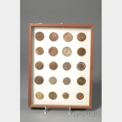 Twenty Framed Colonial Brass, Copper, and Pewter Buttons