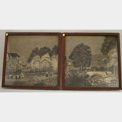 Pair of 19th Century Window Screen Village Landscape Paintings
