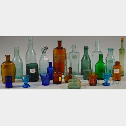 Group of Aqua and Colored Molded Glass Bottles and Glass Items