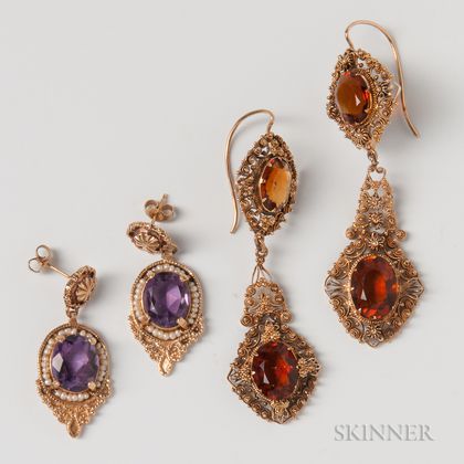 Pair of 14kt Gold, Amethyst, and Pearl Earrings and Pair of Gold-filled Filigree Citrine Earrings