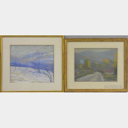 American School, 20th Century Two Pastels: Winter Orchards and Mountains