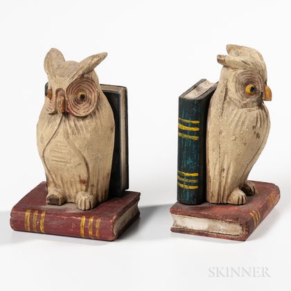 Pair of Carved and Painted Owl Bookends