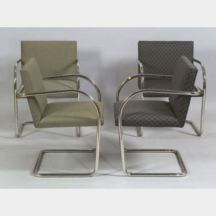 Two Pairs of Mies van der Rohe BRNO Upholstered Bent Tubular Steel Armchairs.