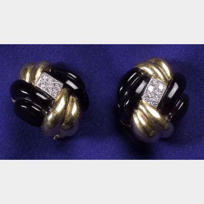 18kt Gold, Diamond and Carved Onyx Earclips