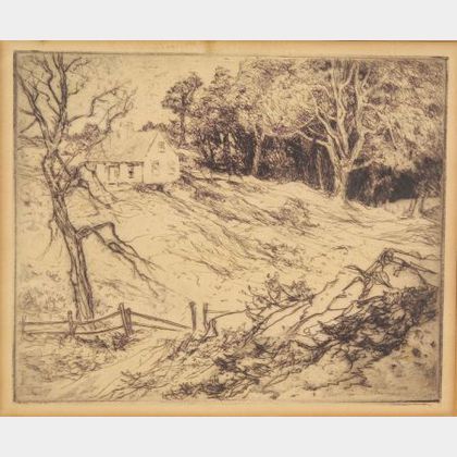 Charles Herbert Woodbury (American, 1864-1940) Lot of Four Prints: Old Trees and Shacks; House and Fields; Bather;