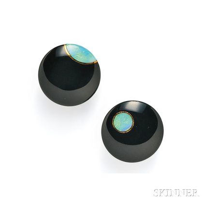 18kt Gold, Black Jade, and Opal Earclips, Tiffany & Co.