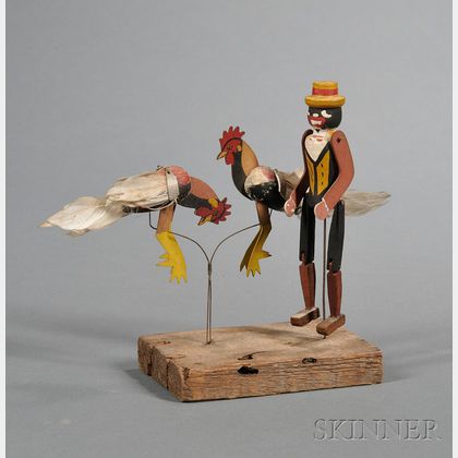Three Articulated Painted Wooden Figures Mounted on Wood Base