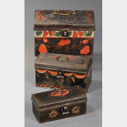 Three Paint-decorated Tinware Dome-top Boxes