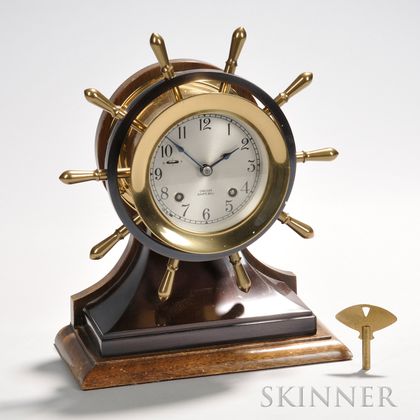 Chelsea Mariner Ships Bell Clock, Chelsea Clock Company, patinated bronze and brass metal case with hinged bezel, 3 1/2-in Arabic nu 