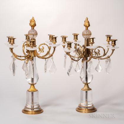 Pair of Neoclassical-style Dore Bronze and Rock Crystal Candelabra