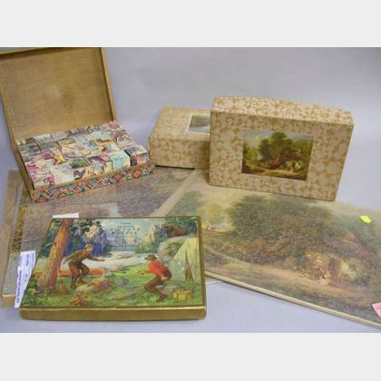 Three Lithographed Wooden Jigsaw Puzzles and a Set of Lithographed Puzzle Blocks