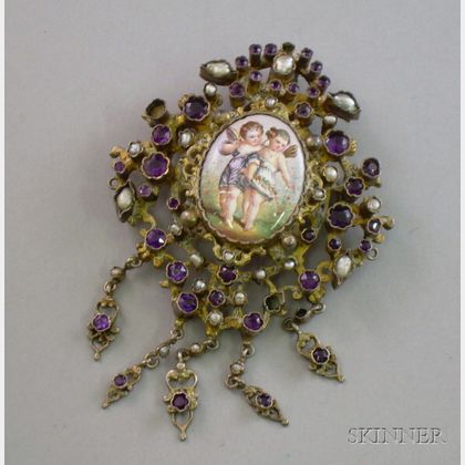 Antique Bohemian Painted Enamel, Purple Glass, and Pearl Brooch/Pendant