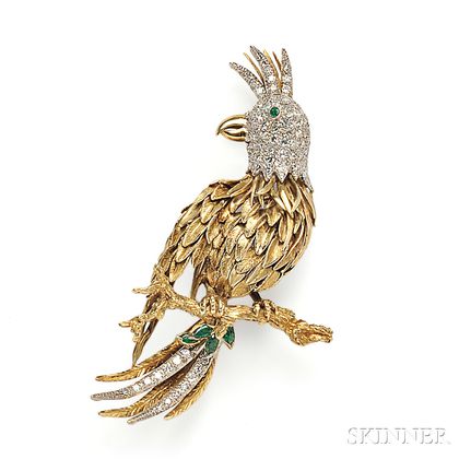 14kt Gold, Emerald, and Diamond Brooch