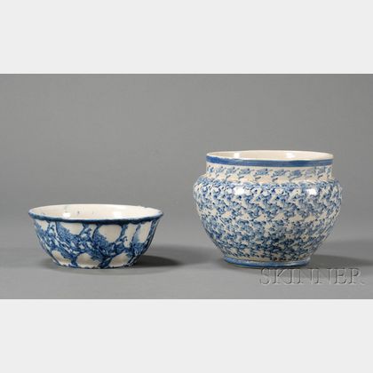 Blue Sponge-decorated Stoneware Bowl and Jardiniere