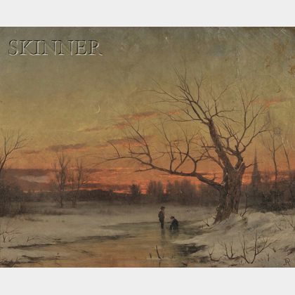John Adams Parker (American, 1837-1900) Two Figures on a Frozen Winter Stream at Dusk