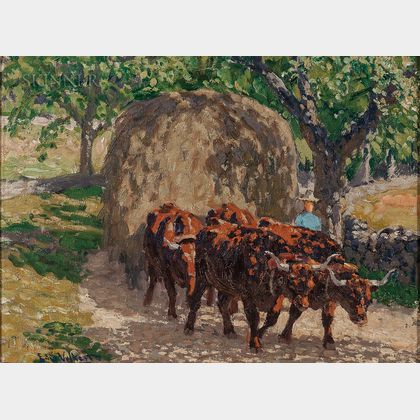 Edward Charles Volkert (American, 1871-1935) Oxen and Wagon on a Sun-dappled Path