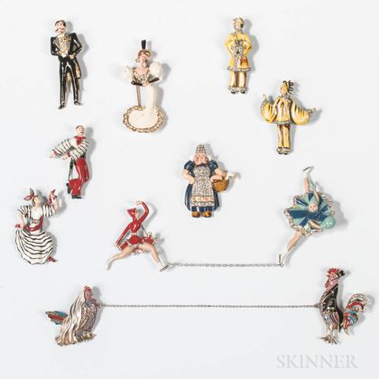 Group of Enamel and Rhinestone Brooches