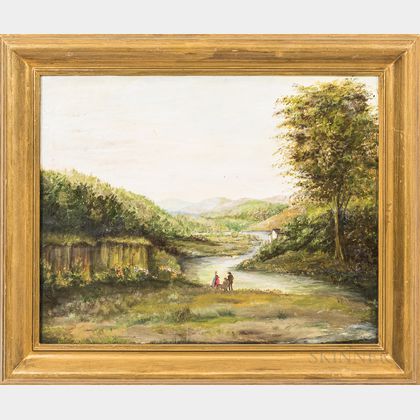 American School, 19th Century Landscape River Scene with a Family