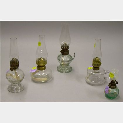 Five Miniature Pressed Glass Kerosene Lamps
