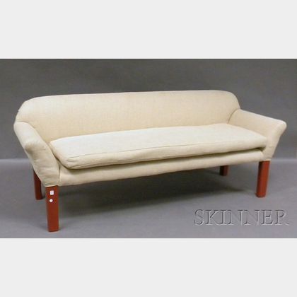 Country Red-painted Wood Sofa with Oatmeal Linen Upholstery