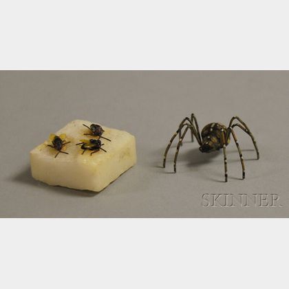 Austrian Life-size Cold-painted Bronze Flies on a Marble Sugar Cube Figural Group and a Spider Figure