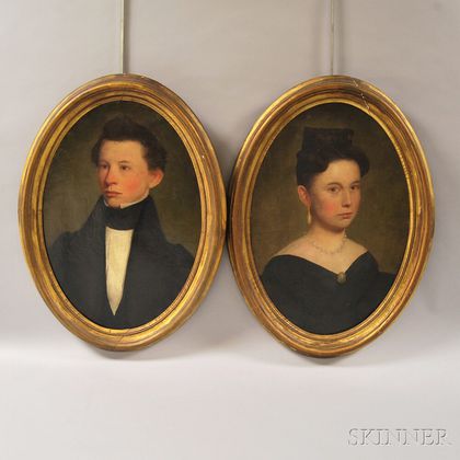 Two 19th Century American School Oil on Canvas Portraits of a Young Man and Woman