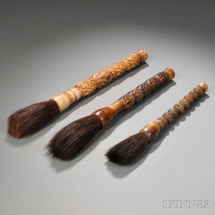 Three Ink Brushes with Carved Handles