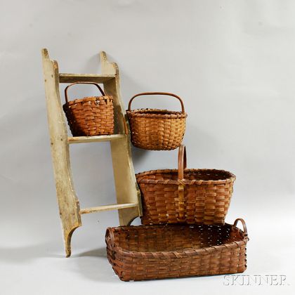 Four Woven Splint Baskets and a Three-tier Hanging Wall Shelf. Estimate $200-300